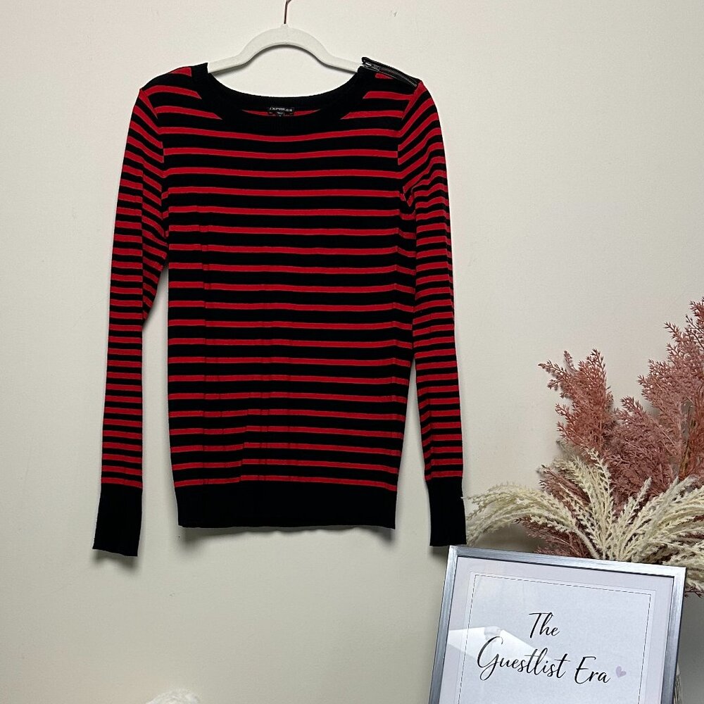 Express Red and Black Striped Sweater with Zipper on One Shoulder